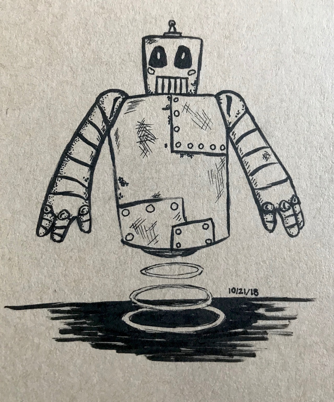 Black and white ink drawing of a robot. She is thick-set and hovers above the ground with a set of magnetic rings.
